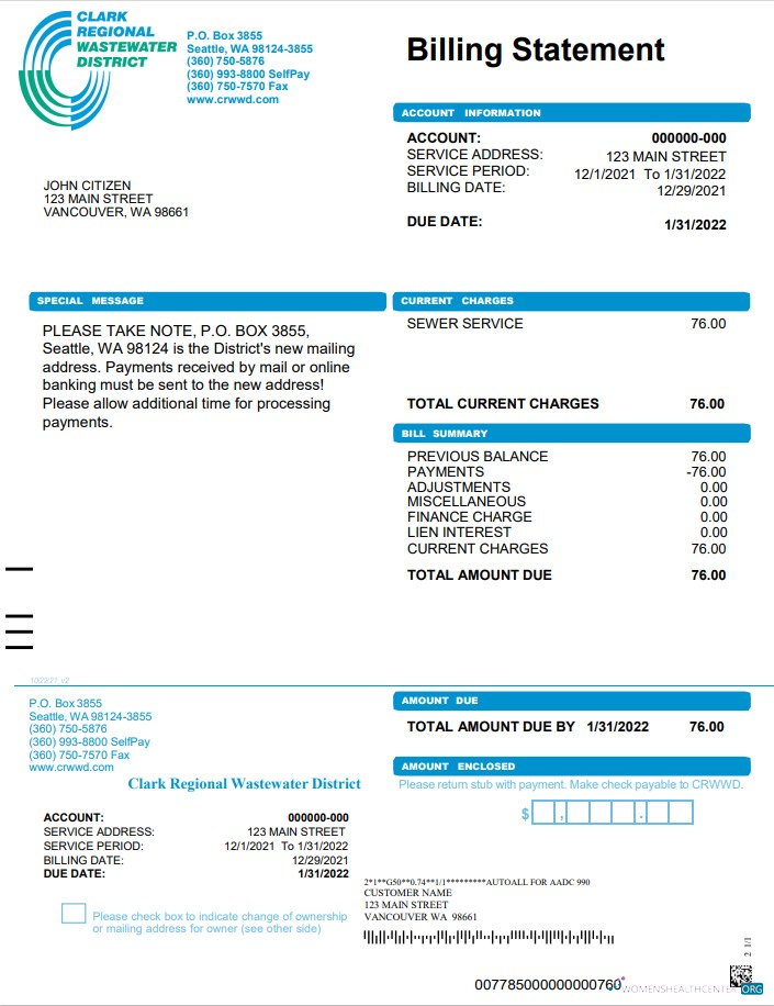 download USA Washington Clark Regional Wastewater District utility bill, Word and PDF template PDF template